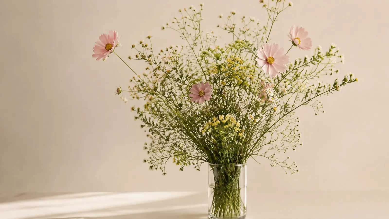 A fresh airy wildflower bouquet in a clear glass vase