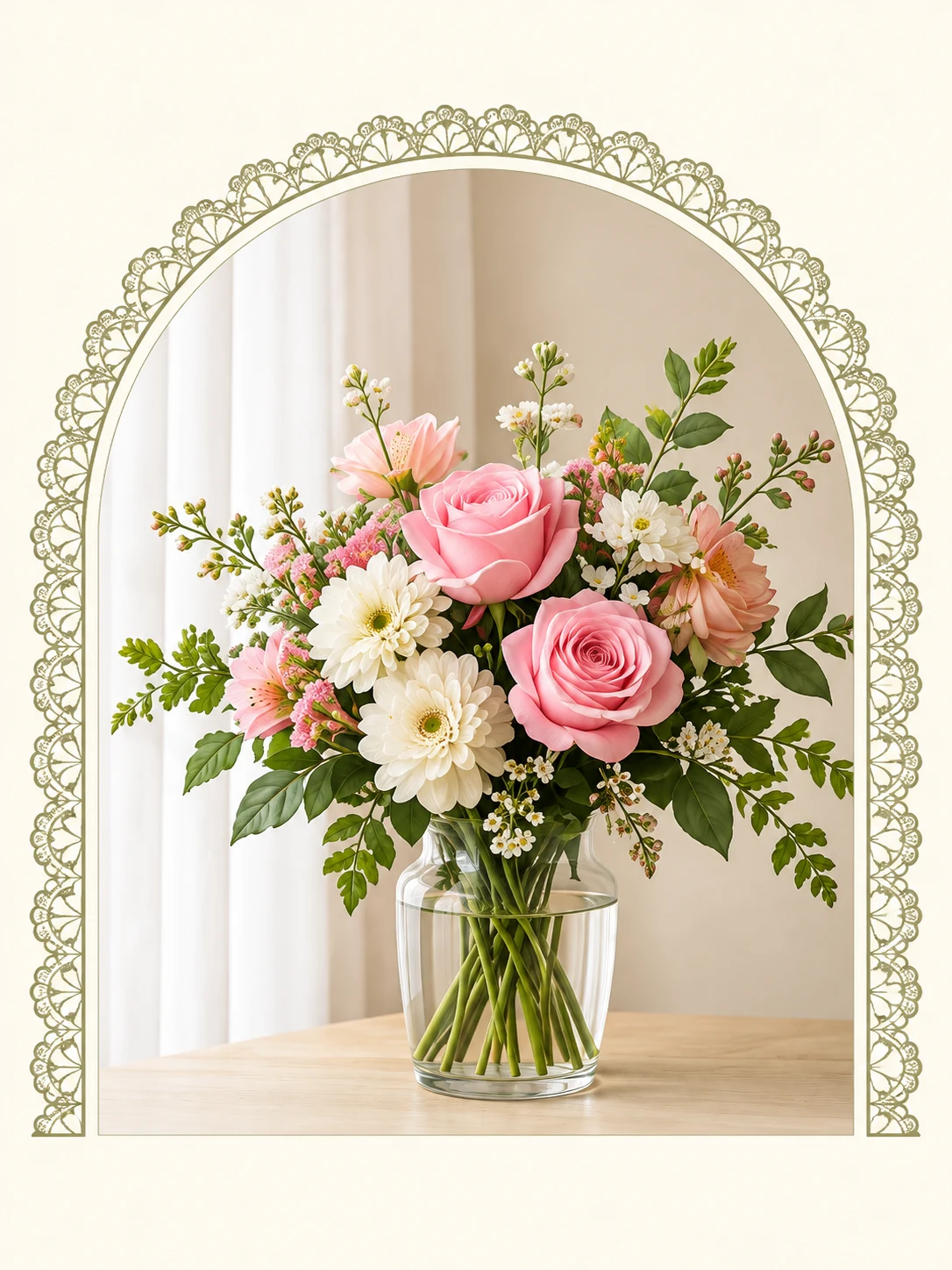 Pink roses and daisies in a glass vase, framed by a delicate botanical arch